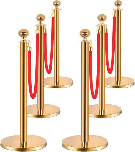 6PCS Stainless Steel Stanchions w/ 4 Red Velvet 5ft Carpet Ropes - Hollow Base for Red Carpet Queue - Crowd Control Barriers Ideal for Party, Wedding, Hotels, Exhibitions - Gold in Saudi Arabia