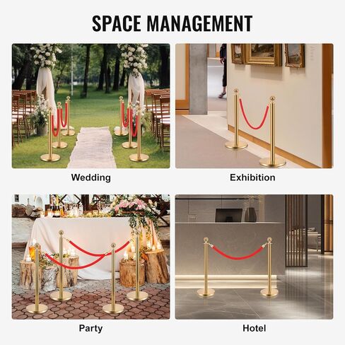 6PCS Stainless Steel Stanchions w/ 4 Red Velvet 5ft Carpet Ropes - Hollow Base for Red Carpet Queue - Crowd Control Barriers Ideal for Party, Wedding, Hotels, Exhibitions - Gold in Saudi Arabia