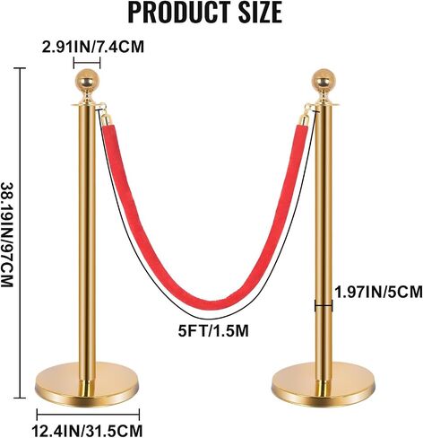 6PCS Stainless Steel Stanchions w/ 4 Red Velvet 5ft Carpet Ropes - Hollow Base for Red Carpet Queue - Crowd Control Barriers Ideal for Party, Wedding, Hotels, Exhibitions - Gold in Saudi Arabia