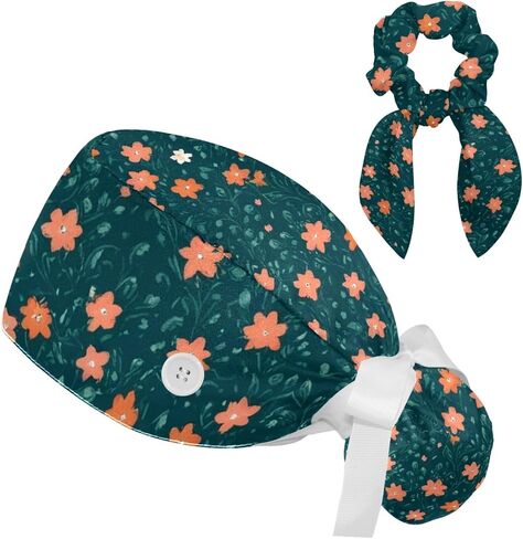 Scrub Caps Women Nursing Hats Wildflowers with Buttons Ponytail Working Adjustable Pouch Tie Back in Kuwait