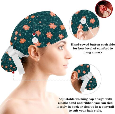 Scrub Caps Women Nursing Hats Wildflowers with Buttons Ponytail Working Adjustable Pouch Tie Back in Kuwait