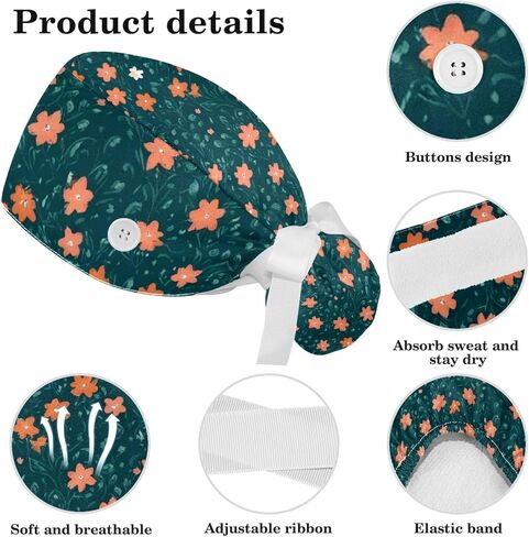 Scrub Caps Women Nursing Hats Wildflowers with Buttons Ponytail Working Adjustable Pouch Tie Back in Kuwait