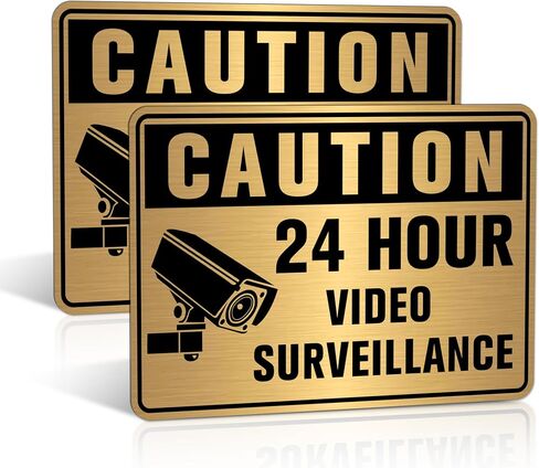 2PCS Video Surveillance Sign Sticker，Self-Adhesive Waterproof Brushed Gold Security Camera Sign，24 Hour Video Surveillance Decal for Home, Business Indoor or Outdoor Use 5.9''X3.9'' in Saudi Arabia