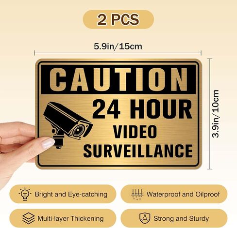 2PCS Video Surveillance Sign Sticker，Self-Adhesive Waterproof Brushed Gold Security Camera Sign，24 Hour Video Surveillance Decal for Home, Business Indoor or Outdoor Use 5.9''X3.9'' in Saudi Arabia