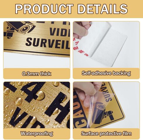 2PCS Video Surveillance Sign Sticker，Self-Adhesive Waterproof Brushed Gold Security Camera Sign，24 Hour Video Surveillance Decal for Home, Business Indoor or Outdoor Use 5.9''X3.9'' in Saudi Arabia