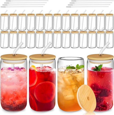 12Pcs Glass Cups with Lids and Straws - 16oz Can Shaped Drinking Glasses Set, Iced Coffee Cup, Beer Glasses Tumbler for Juice, Soda, Smoothie, Boba Tea, Whiskey, Cocktail Include 2 Cleaning Brushes in Saudi Arabia