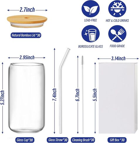 12Pcs Glass Cups with Lids and Straws - 16oz Can Shaped Drinking Glasses Set, Iced Coffee Cup, Beer Glasses Tumbler for Juice, Soda, Smoothie, Boba Tea, Whiskey, Cocktail Include 2 Cleaning Brushes in Saudi Arabia