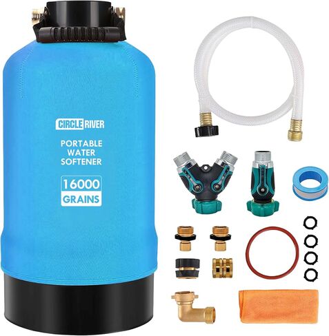 RV Water Softener with Water Hose, 16000 Grains 3/4" Brass Fittings Food-Grade Resin Soften Hard Water Improve Water Quality Portable Water Softener for RV, Trailers in Saudi Arabia