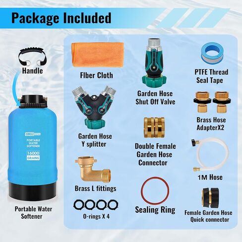 RV Water Softener with Water Hose, 16000 Grains 3/4" Brass Fittings Food-Grade Resin Soften Hard Water Improve Water Quality Portable Water Softener for RV, Trailers in Saudi Arabia