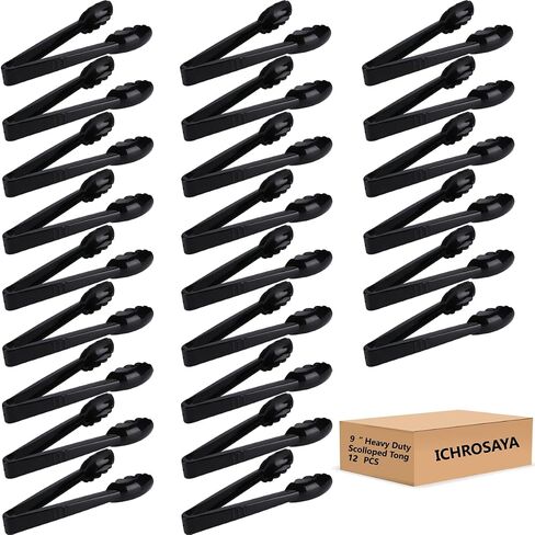 24 Pieces Plastic Salad Tongs, Black Kitchen Serving Tongs, 9 Inch Disposable Utensils Set, Heavy Duty Scalloped, Perfect for Buffets and BBQ, Food Safe Material in Saudi Arabia