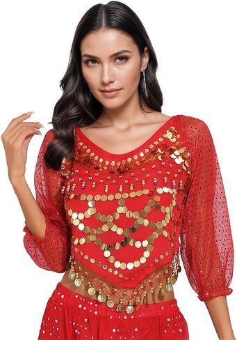 Women's Belly Dance Costumes Chiffon Long Sleeve Top with Beaded Glitter Circle Coins Tassels in Saudi Arabia
