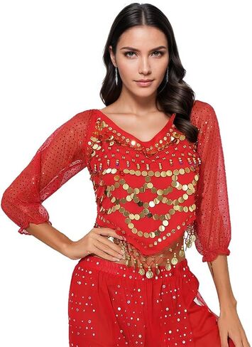 Women's Belly Dance Costumes Chiffon Long Sleeve Top with Beaded Glitter Circle Coins Tassels in Saudi Arabia