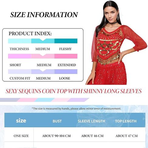 Women's Belly Dance Costumes Chiffon Long Sleeve Top with Beaded Glitter Circle Coins Tassels in Saudi Arabia