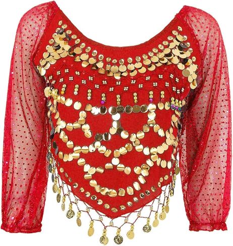 Women's Belly Dance Costumes Chiffon Long Sleeve Top with Beaded Glitter Circle Coins Tassels in Saudi Arabia
