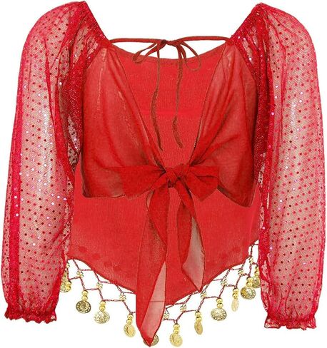 Women's Belly Dance Costumes Chiffon Long Sleeve Top with Beaded Glitter Circle Coins Tassels in Saudi Arabia