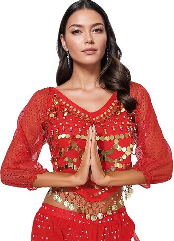 Women's Belly Dance Costumes Chiffon Long Sleeve Top with Beaded Glitter Circle Coins Tassels in Saudi Arabia