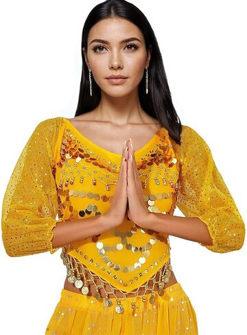 Women's Belly Dance Costumes Chiffon Long Sleeve Top with Beaded Glitter Circle Coins Tassels in Saudi Arabia
