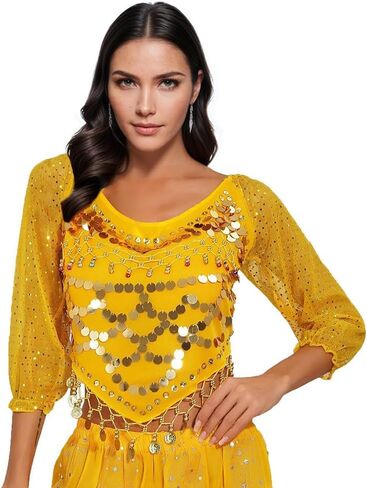 Women's Belly Dance Costumes Chiffon Long Sleeve Top with Beaded Glitter Circle Coins Tassels in Saudi Arabia