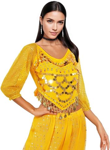 Women's Belly Dance Costumes Chiffon Long Sleeve Top with Beaded Glitter Circle Coins Tassels in Saudi Arabia