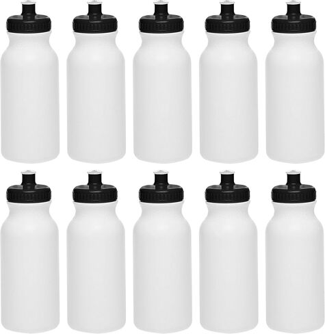 DISCOUNT PROMOS White Water Bottles with Push Cap, 10 pack, 20 oz, Reusable BPA FREE Squeezable Bottles in Bulk, White Black in Kuwait