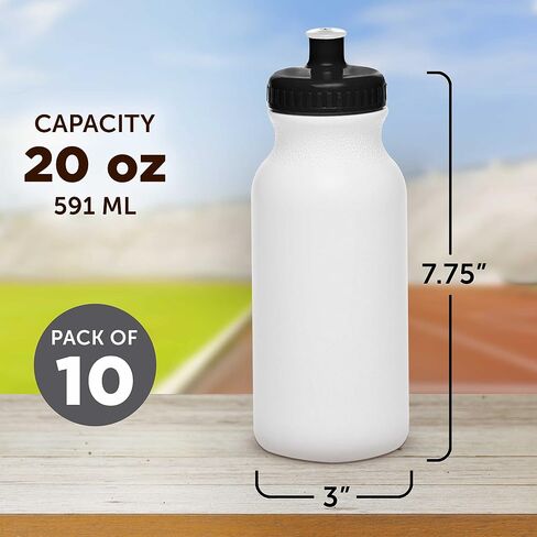 DISCOUNT PROMOS White Water Bottles with Push Cap, 10 pack, 20 oz, Reusable BPA FREE Squeezable Bottles in Bulk, White Black in Kuwait