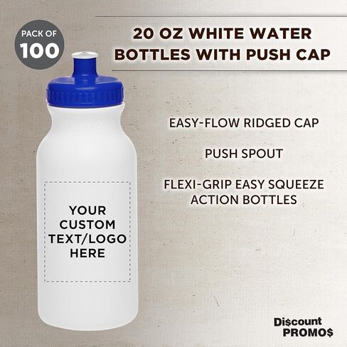 DISCOUNT PROMOS White Water Bottles with Push Cap, 10 pack, 20 oz, Reusable BPA FREE Squeezable Bottles in Bulk, White Black in Kuwait