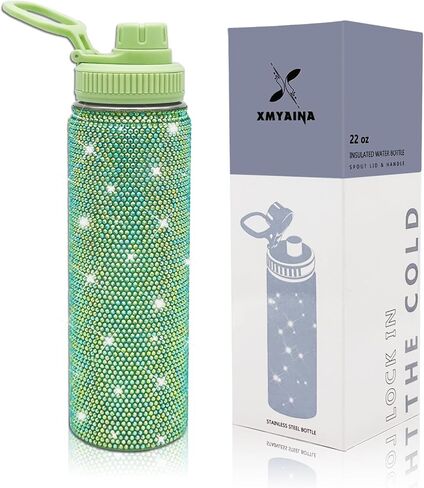 22oz Stainless Steel Bling Crystal Water Bottle Rhinestone Vacuum Insulated Bottle with Spout Lid Reusable Double-Wall Glitter Sport Bottle Gift for Women Girl (Black) in Saudi Arabia