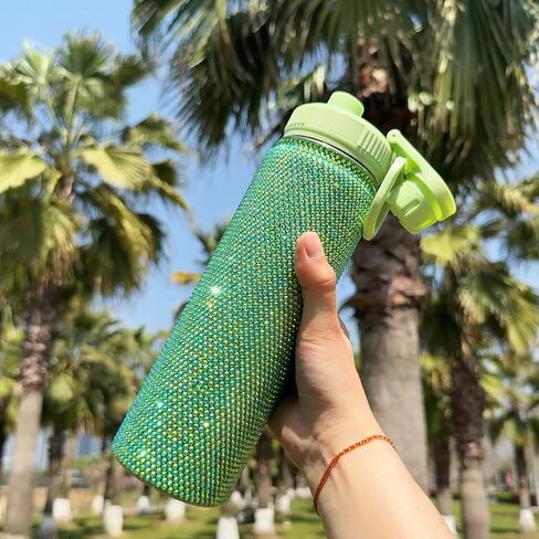 22oz Stainless Steel Bling Crystal Water Bottle Rhinestone Vacuum Insulated Bottle with Spout Lid Reusable Double-Wall Glitter Sport Bottle Gift for Women Girl (Black) in Saudi Arabia