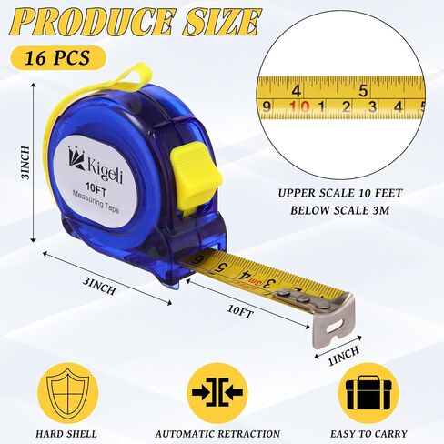 KIGELI 16 Pack 10 ft lege lease mini mini retractiper tape bulk locking قياس سهولة القراءة مع الكسور والبوصات المترية والقياس الإمبراطوري in Kuwait