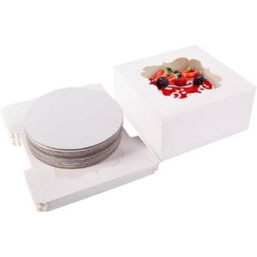 صناديق الكيك مع نافذة ، 10 × 10 × 5 بوصات مربعات مخبز مع ألواح كعك ، مع ملصقات يمكن التخلص منها حاويات لحفل الزفاف ، عيد ميلاد ، حفلة (بيضاء - 3 مجموعات) in Kuwait