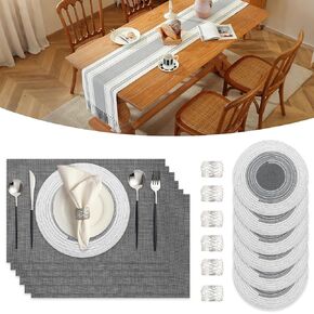 SK Studio 19pcs Boho Table Runner placemat و fedickin Ring مجموعة مستطيل ومحاكمة وجبة مستديرة Macrame Table مع شرابات لتناول الطعام في مطبخ الزفاف ، البيج ، البيج in Kuwait