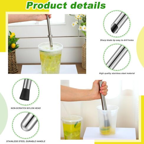 2 PCS Straw Puncher و Muddler لأكواب أغطية البلاستيك الليمون ، والثقب القش ، 304 Muddler من الفولاذ المقاوم للصدأ ، لوازم عصير الليمون الطازجة in Saudi Arabia