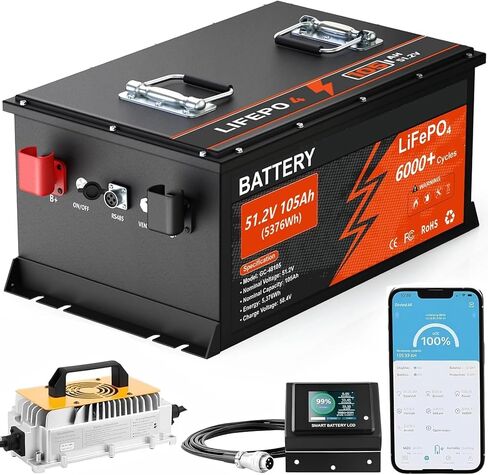 بطارية 48V 105ah الليثيوم غولف سارت ، 6000+ دورة قابلة للشحن بطارية LIFEPO4 مع شاحن 58.4V 18A ، 200A BMS ، علبة الفولاذ المقاوم للصدأ ، شاشة LCD التي تعمل باللمس وتطبيق الهاتف المحمول ، مثالية لعربات الجولف in Kuwait