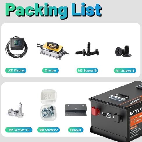 بطارية 48V 105ah الليثيوم غولف سارت ، 6000+ دورة قابلة للشحن بطارية LIFEPO4 مع شاحن 58.4V 18A ، 200A BMS ، علبة الفولاذ المقاوم للصدأ ، شاشة LCD التي تعمل باللمس وتطبيق الهاتف المحمول ، مثالية لعربات الجولف in Kuwait