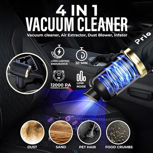 Prio Handheld Vacuum Cleaner, 12,000Pa High-Suction Rechargeable Vacuum, 4-in-1 with LED Light & Attachments, Portable for Car, Home, Office in Saudi Arabia