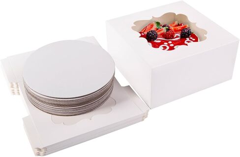 صناديق الكيك مع نافذة ، 10 × 10 × 5 بوصات مربعات مخبز مع ألواح كعك ، مع ملصقات يمكن التخلص منها حاويات لحفل الزفاف ، عيد ميلاد ، حفلة (بيضاء - 3 مجموعات) in Kuwait