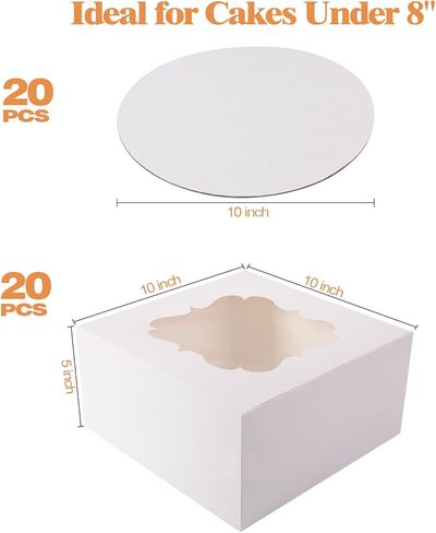 صناديق الكيك مع نافذة ، 10 × 10 × 5 بوصات مربعات مخبز مع ألواح كعك ، مع ملصقات يمكن التخلص منها حاويات لحفل الزفاف ، عيد ميلاد ، حفلة (بيضاء - 3 مجموعات) in Kuwait