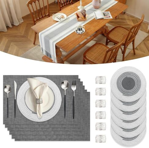 SK Studio 19pcs Boho Table Runner placemat و fedickin Ring مجموعة مستطيل ومحاكمة وجبة مستديرة Macrame Table مع شرابات لتناول الطعام في مطبخ الزفاف ، البيج ، البيج in Kuwait