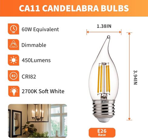 ALAMPEVER Dimmable 6-Pack CA11 Candelabra LED Light Bulb, 4.5W (60W Equivlant) LED Chandelier Light Bulb, E26 Medium Base, 2700K Soft White, 450LM, CRI82 in Saudi Arabia