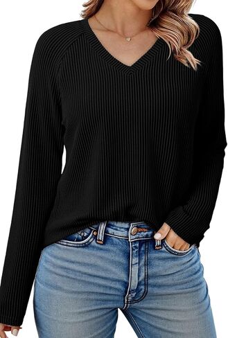 Dokotoo Womens Tops Fashion 2025 Raglan Long Sleeve Soft Jettnibed Solid Color V Deck T Shirts عرض قميص قمم فضفاضة غير رسمية in Saudi Arabia