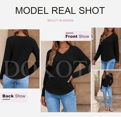 Dokotoo Womens Tops Fashion 2025 Raglan Long Sleeve Soft Jettnibed Solid Color V Deck T Shirts عرض قميص قمم فضفاضة غير رسمية in Saudi Arabia