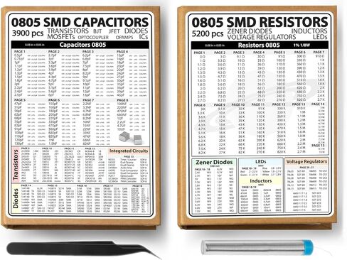 SMD 0805 Resistors and Capacitors Assortment 2 Books, incl. Transistors, Diodes, MOSFET, OpAmps, Inductors, IC, Zener, BJT, JFET, Voltage Regulators, SOT89, SMA, TO-252, Tweezers, Kit SMT - 9100 pcs in Kuwait
