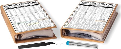 SMD 0805 Resistors and Capacitors Assortment 2 Books, incl. Transistors, Diodes, MOSFET, OpAmps, Inductors, IC, Zener, BJT, JFET, Voltage Regulators, SOT89, SMA, TO-252, Tweezers, Kit SMT - 9100 pcs in Kuwait