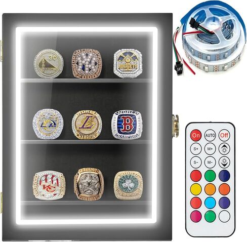 CARLOUSHISH RING DISPLAY CASE RGB LED - 9 حلقة عرض حلقة بيسبول كبيرة - تخزين حلقة عرض الحائط ، شاشة حامل حلقة البيسبول ، يحمل حلقات كرة القدم في كرة السلة (أسود) in Kuwait