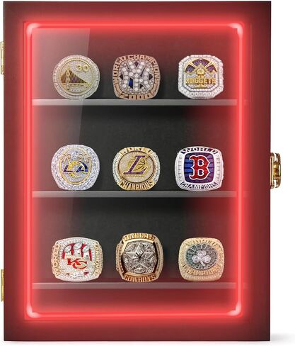 CARLOUSHISH RING DISPLAY CASE RGB LED - 9 حلقة عرض حلقة بيسبول كبيرة - تخزين حلقة عرض الحائط ، شاشة حامل حلقة البيسبول ، يحمل حلقات كرة القدم في كرة السلة (أسود) in Kuwait