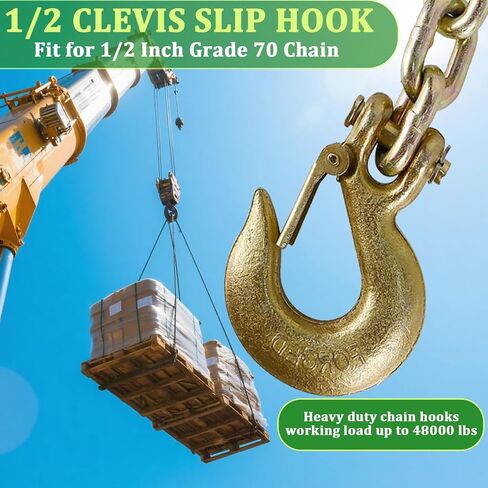 4 Pack 5/16" Clevis Slip Hooks with Safety Latch, Heavy Duty Grade 70 Forged Steel 3/8" Chain Hooks for Trailer Truck Transport Chain, 14,000 Lbs Working Load Limit, Trailer Safety Hooks, Tow Hook in Kuwait