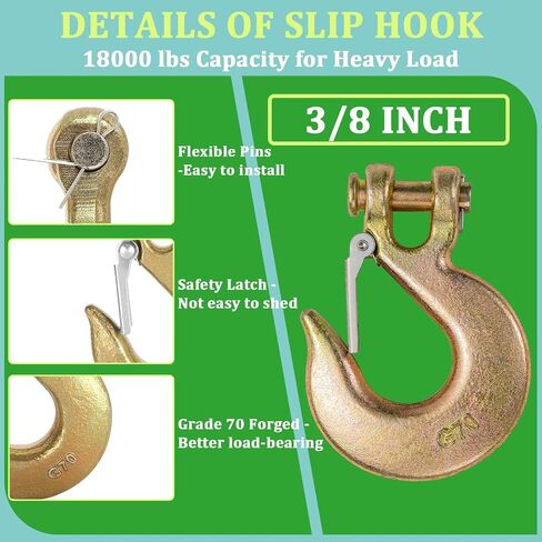 4 Pack 5/16" Clevis Slip Hooks with Safety Latch, Heavy Duty Grade 70 Forged Steel 3/8" Chain Hooks for Trailer Truck Transport Chain, 14,000 Lbs Working Load Limit, Trailer Safety Hooks, Tow Hook in Kuwait