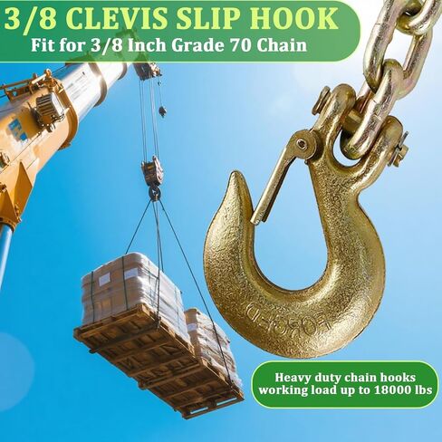 4 Pack 5/16" Clevis Slip Hooks with Safety Latch, Heavy Duty Grade 70 Forged Steel 3/8" Chain Hooks for Trailer Truck Transport Chain, 14,000 Lbs Working Load Limit, Trailer Safety Hooks, Tow Hook in Kuwait