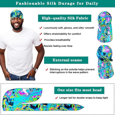 حرير دوراغ للرجال ، طباعة Do Rag مع Long Tail Durag Hop Hop Satin Bandana Hat 360 Waves do do du raghrap in Saudi Arabia
