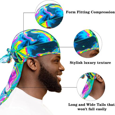 حرير دوراغ للرجال ، طباعة Do Rag مع Long Tail Durag Hop Hop Satin Bandana Hat 360 Waves do do du raghrap in Saudi Arabia